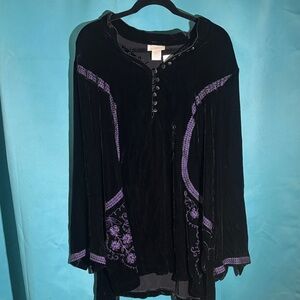 Soft Surroundings Black Blouse with Purple Embroidery